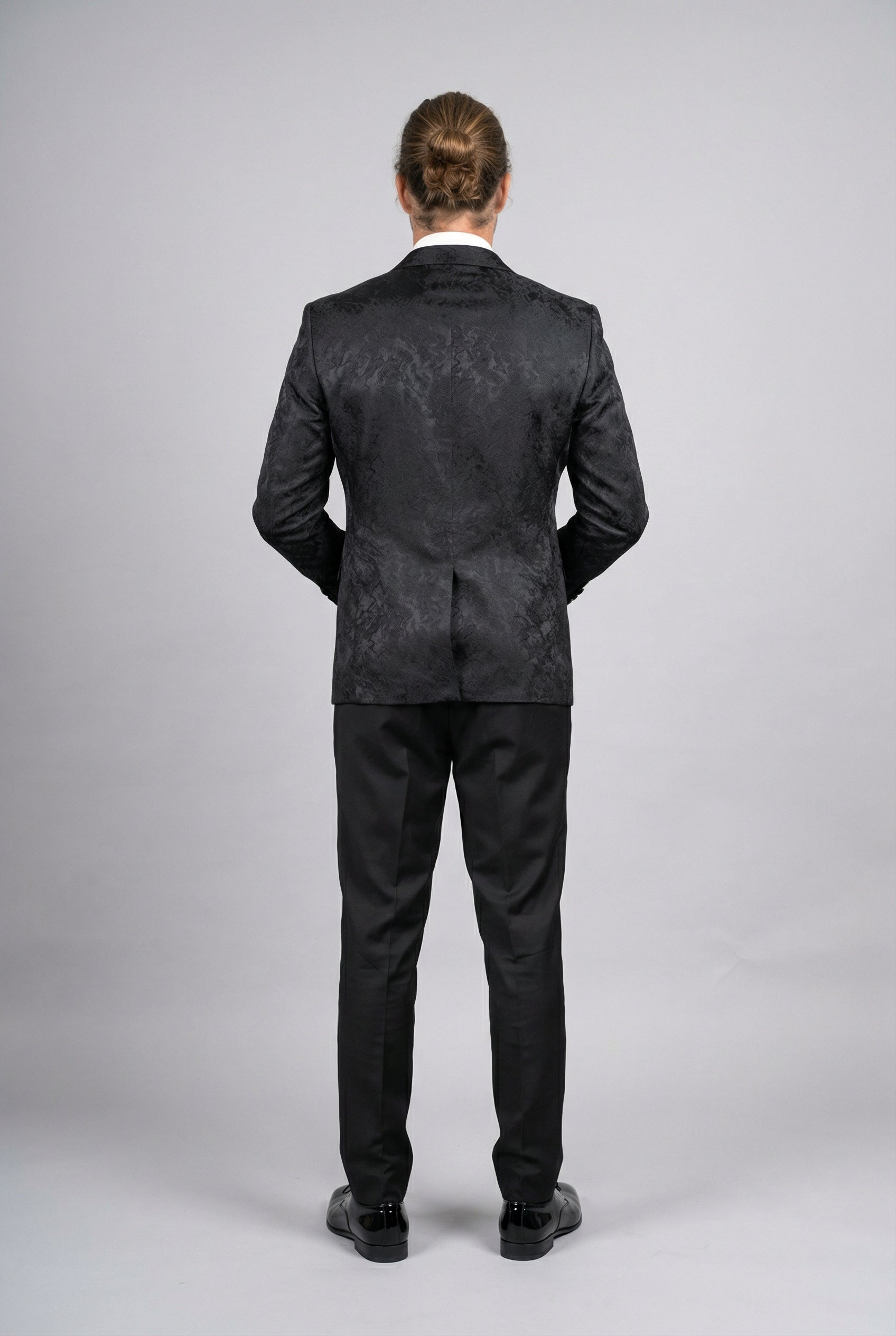 Men’s 4-Piece Cotton Blend Jacquard Tuxedo Suit with Double Breasted Waistcoat - Vincent -Black Back Picture