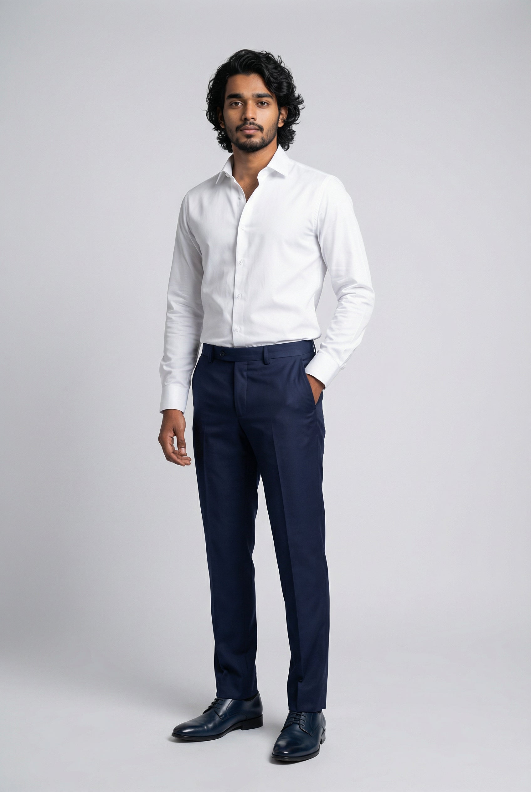 Men’s 4-Piece Cotton Blend Jacquard Tuxedo Suit with Double Breasted Waistcoat - Vincent -Blue Trousers Front Picture