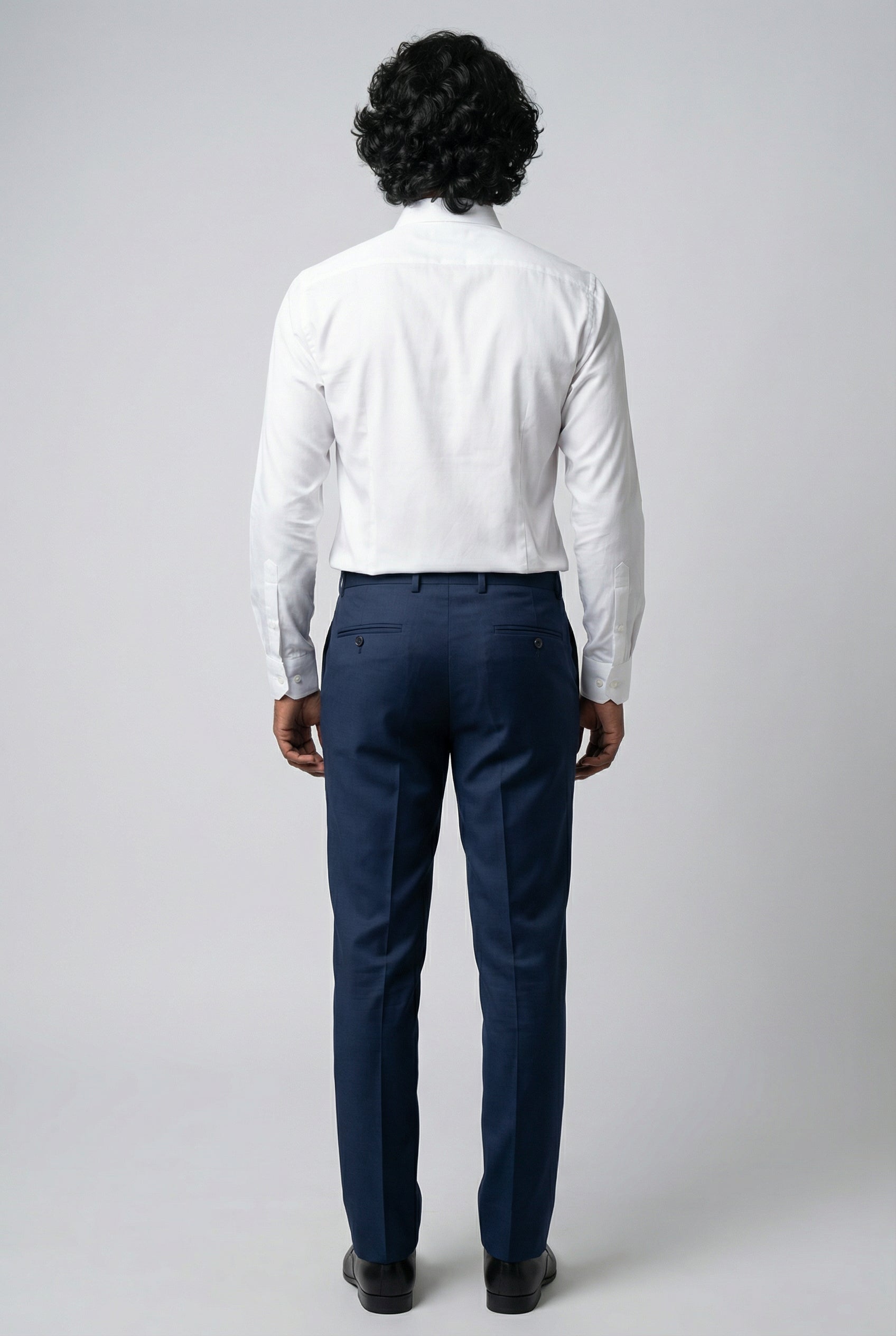 Men’s 4-Piece Cotton Blend Jacquard Tuxedo Suit with Double Breasted Waistcoat - Vincent -Blue Trousers Back Picture