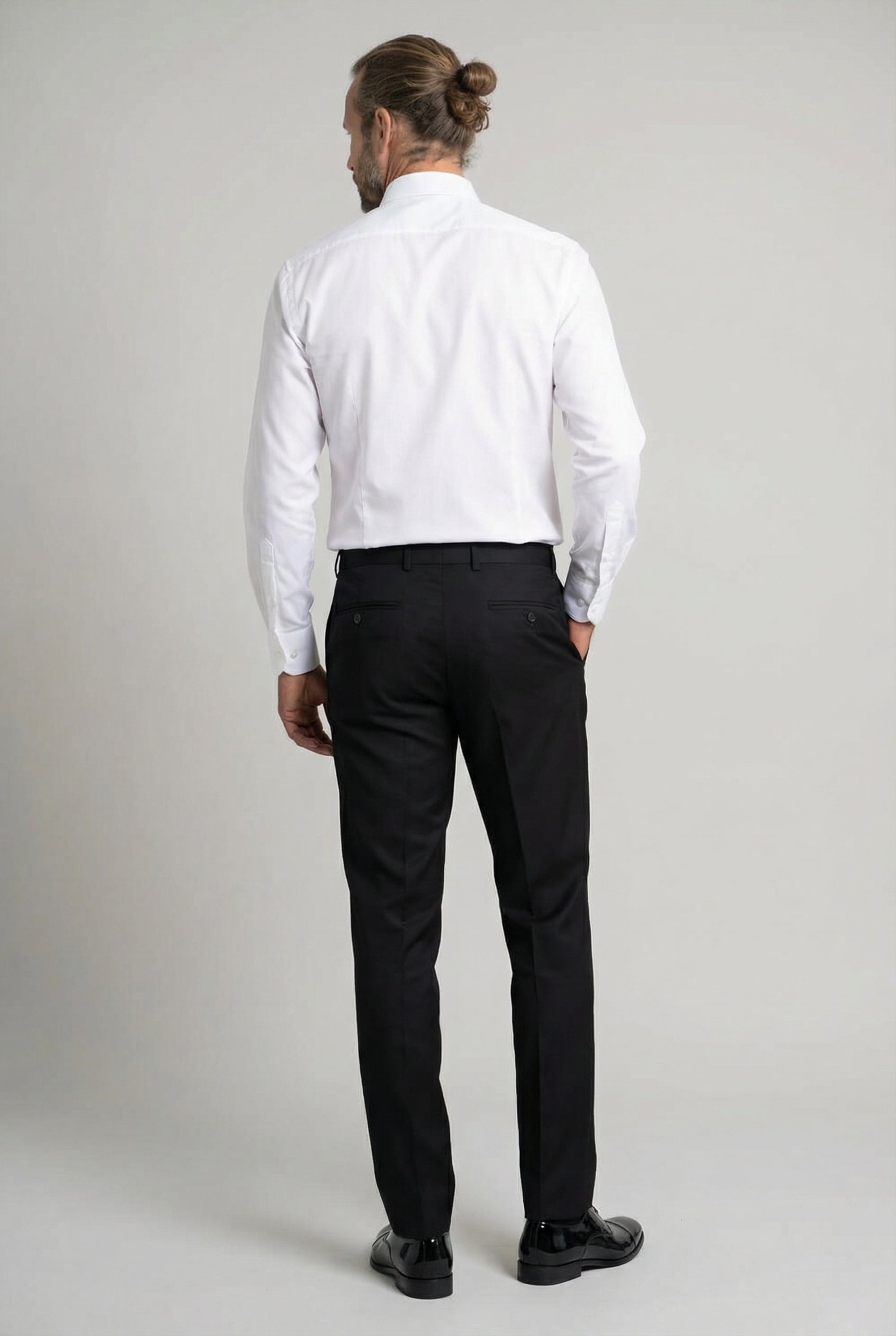 Men’s 4-Piece Cotton Blend Jacquard Tuxedo Suit with Double Breasted Waistcoat - Vincent -Cream Model Trousers Back Picture