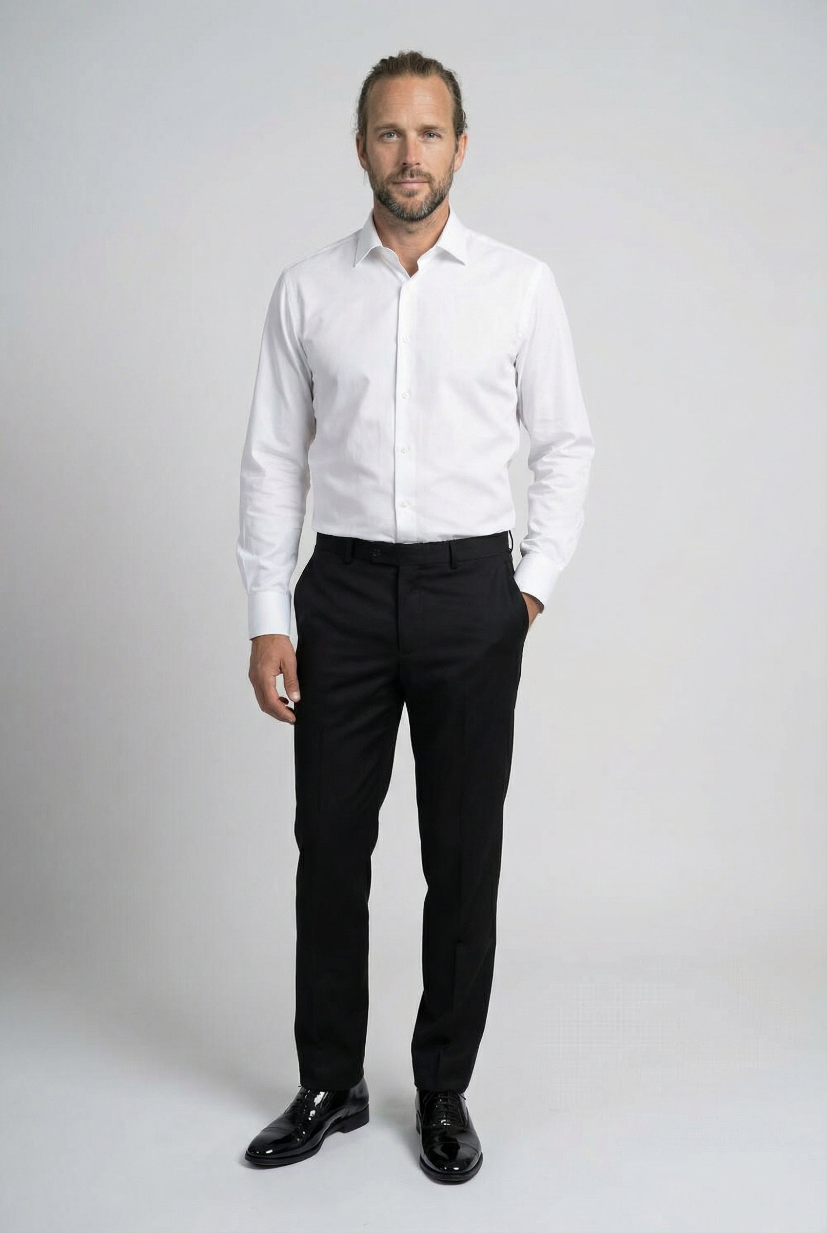 Men’s 4-Piece Cotton Blend Jacquard Tuxedo Suit with Double Breasted Waistcoat - Vincent -Cream Model Trousers Front Picture