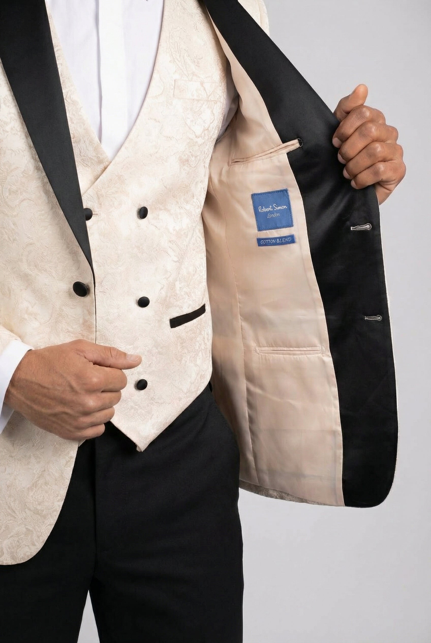 Men’s 4-Piece Cotton Blend Jacquard Tuxedo Suit with Double Breasted Waistcoat - Vincent -Cream Linning Picture