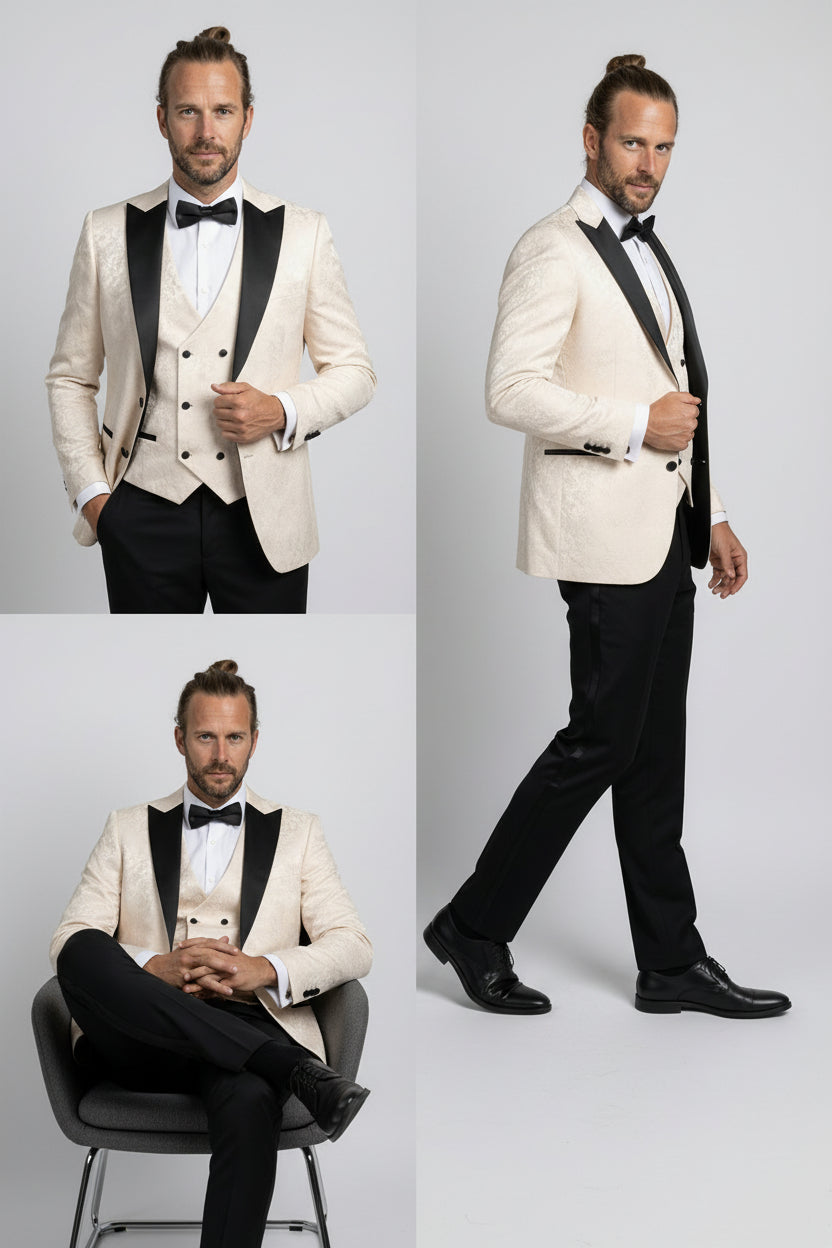 Men’s 4-Piece Cotton Blend Jacquard Tuxedo Suit with Double Breasted Waistcoat - Vincent -Cream