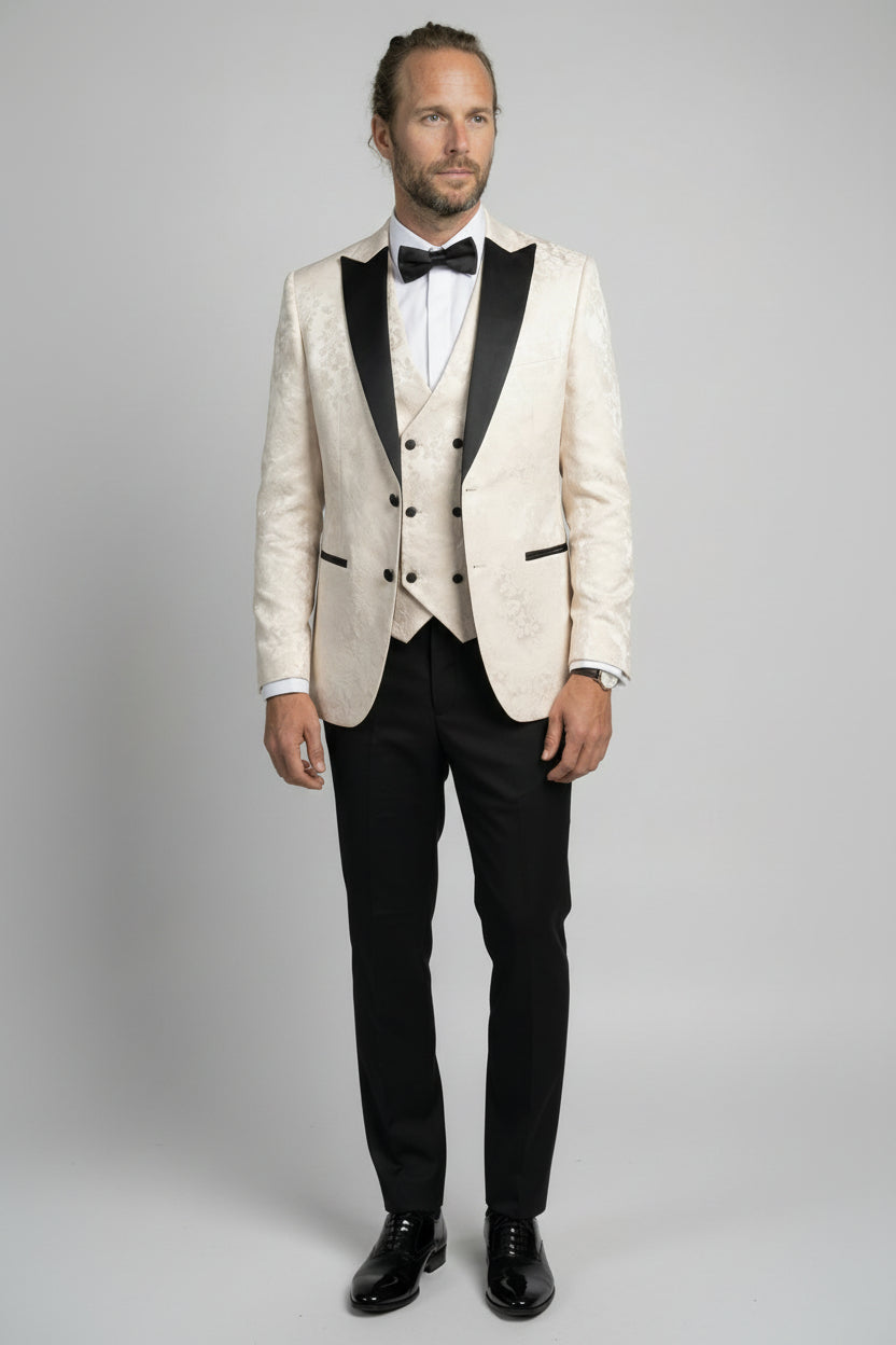 Men’s 4-Piece Cotton Blend Jacquard Tuxedo Suit with Double Breasted Waistcoat - Vincent -Cream Modle Picture