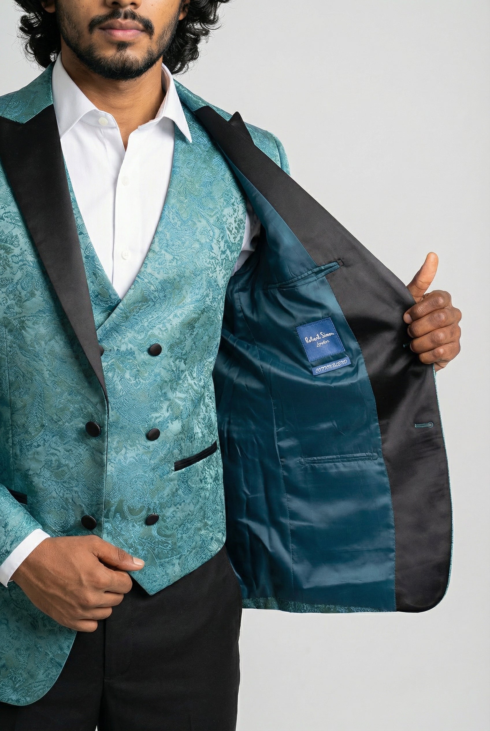Men’s 4-Piece Cotton Blend Jacquard Tuxedo Suit with Double Breasted Waistcoat - Vincent -Green Linning Picture