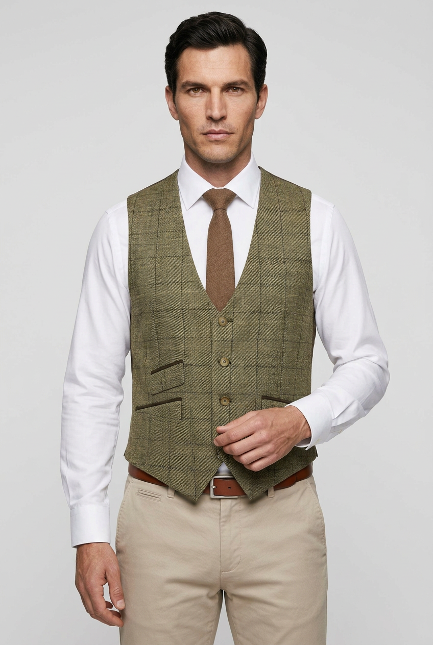 Herren Beige Kariertes Tweed-Weste – Slim Fit Formelle Hochzeitsweste