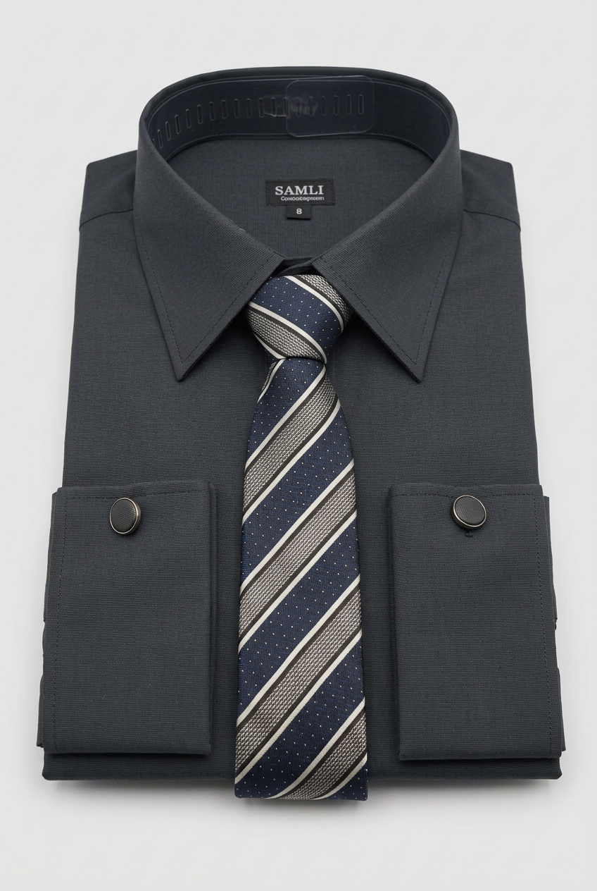 Men’s Black Formal Shirt Set with Striped Tie and Cufflinks