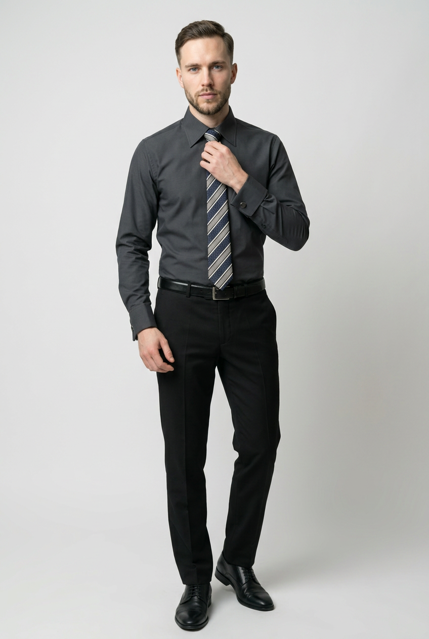 Men’s Black Formal Shirt Set with Striped Tie and Cufflinks