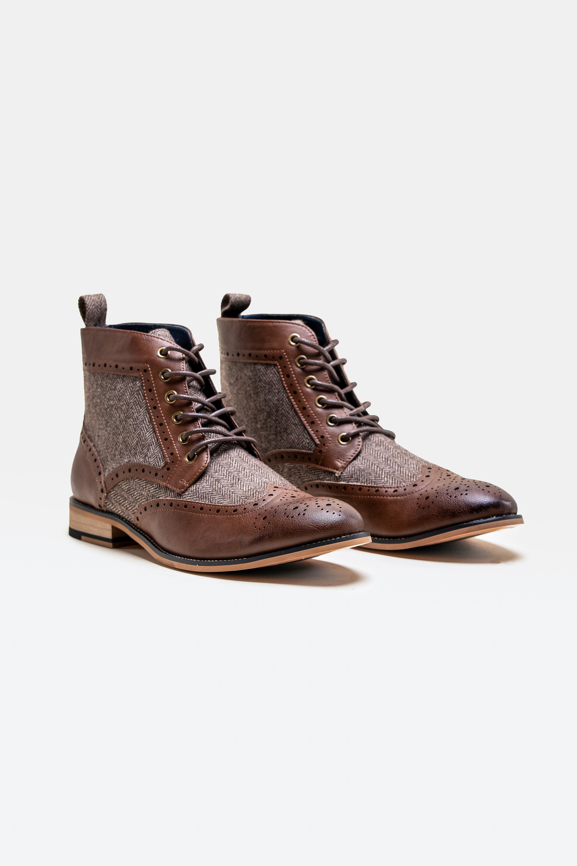Bottes cheville brogues en tweed marron pour homme en cuir