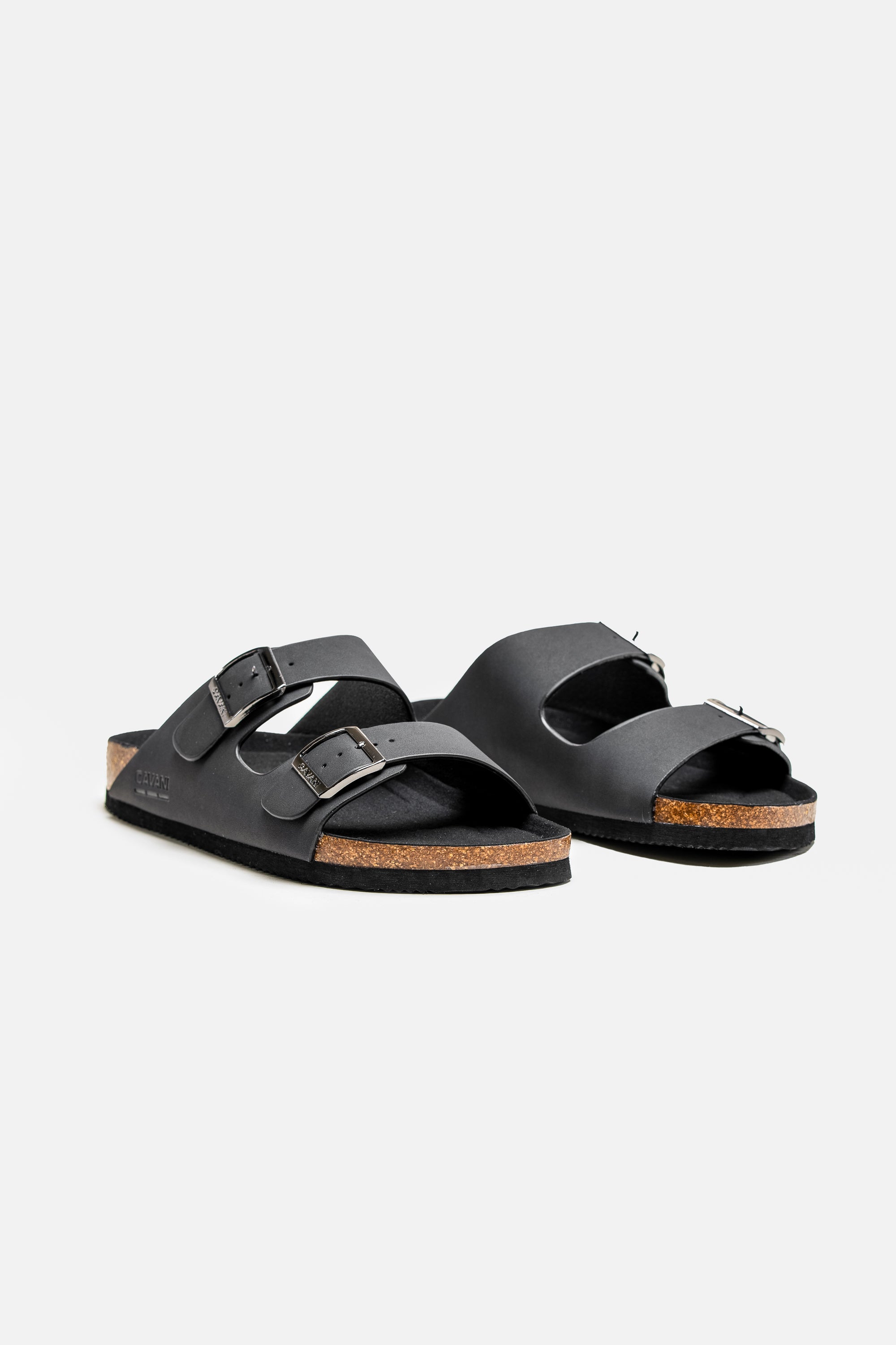 Men's Buckle-Strap Cork Slider Sandals - DAYTONA - Black Pair Side Picture