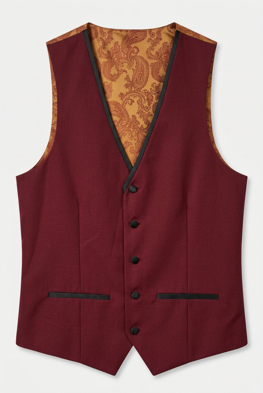 Men’s Burgundy 3 Piece Tuxedo Suit with Black Satin Lapel
