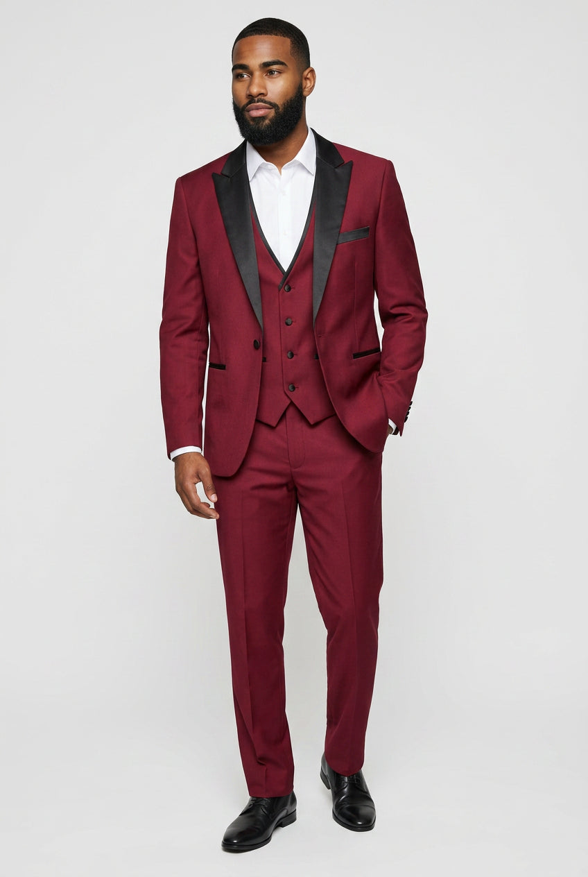 Men’s Burgundy 3 Piece Tuxedo Suit with Black Satin Lapel