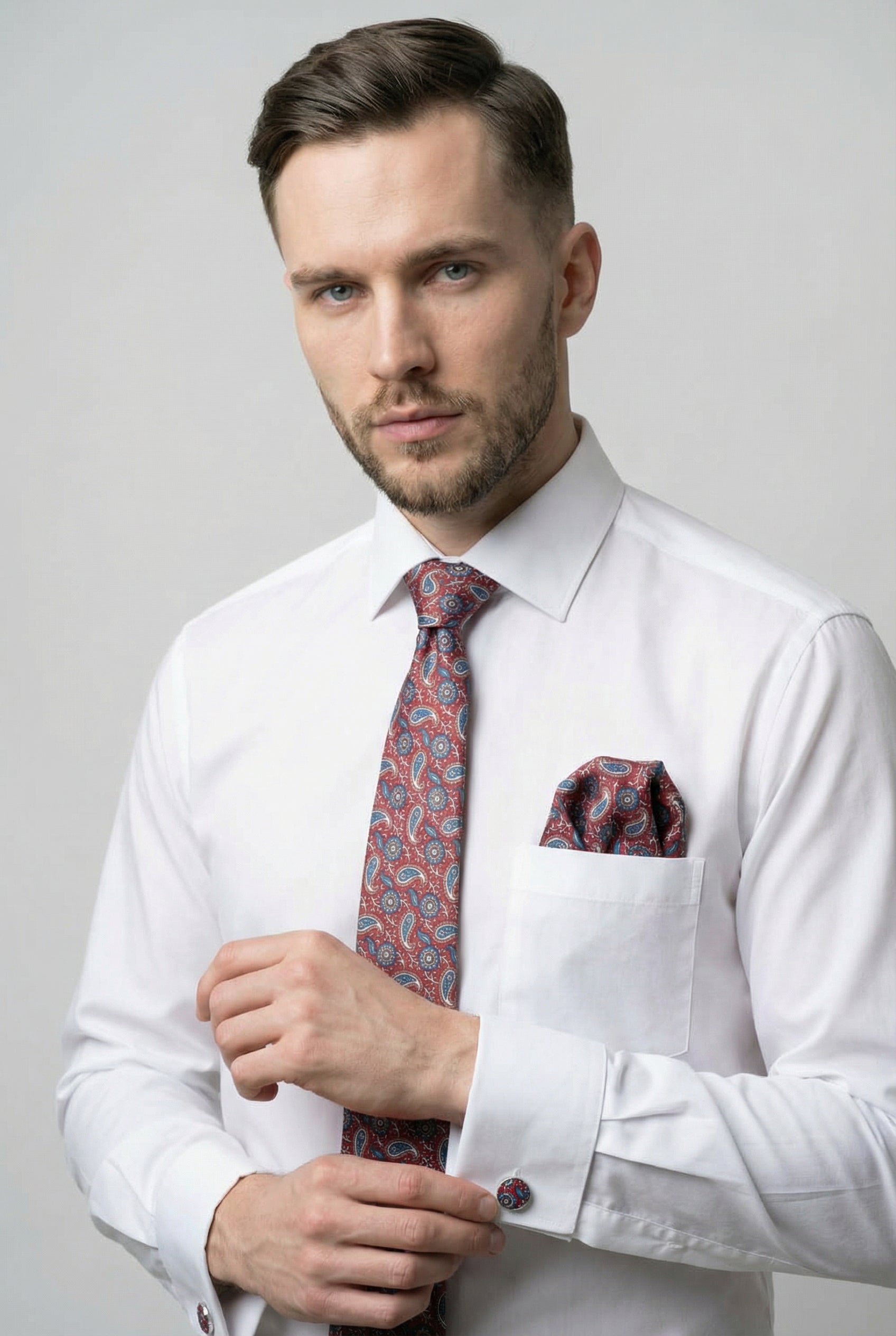 Herren Burgunder Paisley Krawatte & Einstecktuch mit Manschettenknopf-Set - Joshua