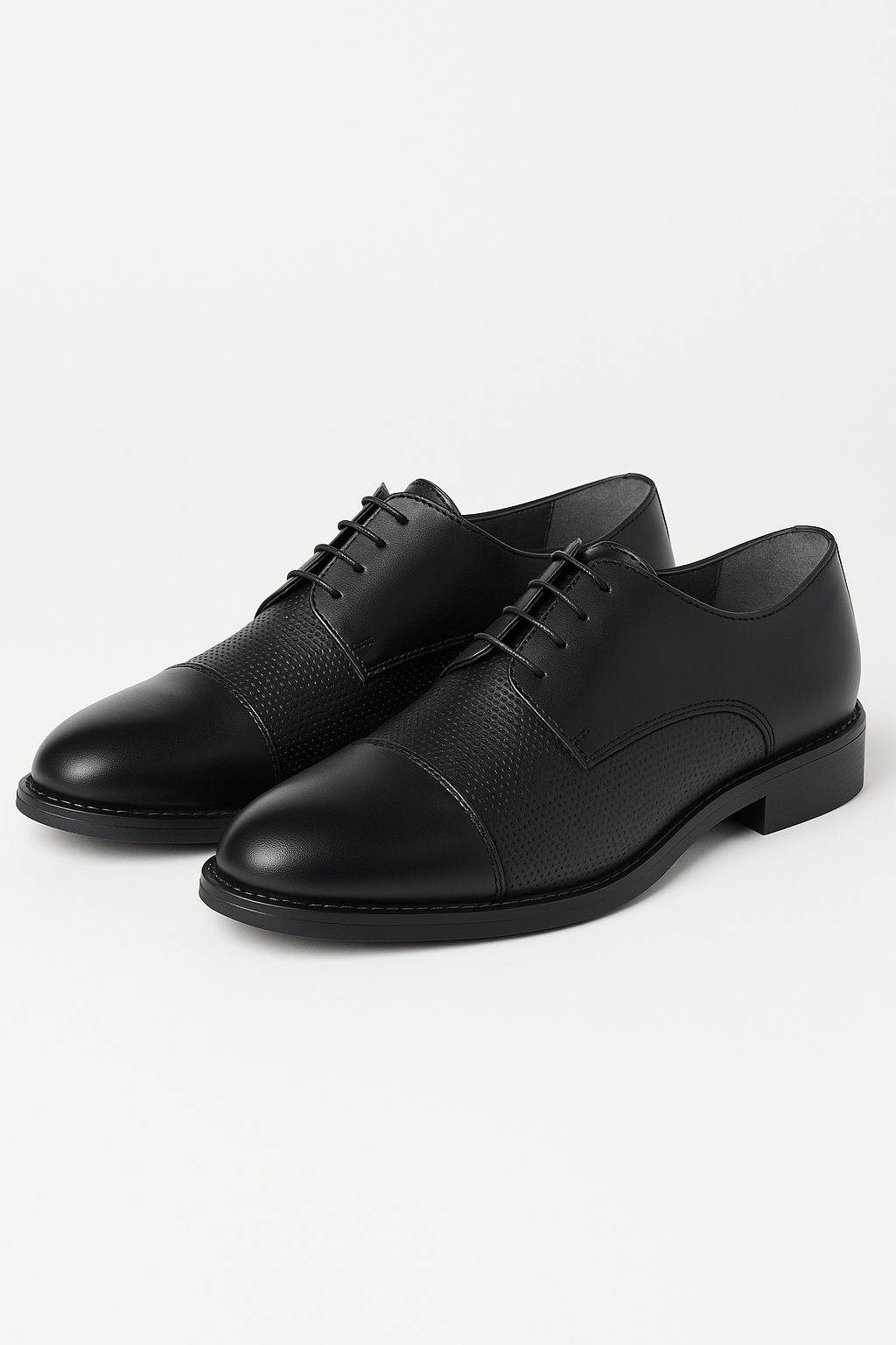 Men’s Cap Toe Derby Dress Shoes - GROSVENOR - Matt Black Pair Side Picture
