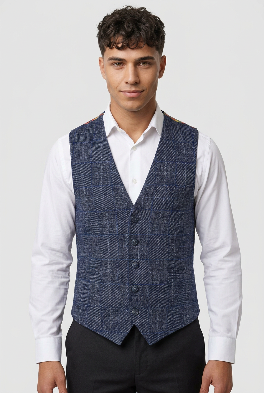Men’s Navy Check Tweed Slim Fit Waistcoat