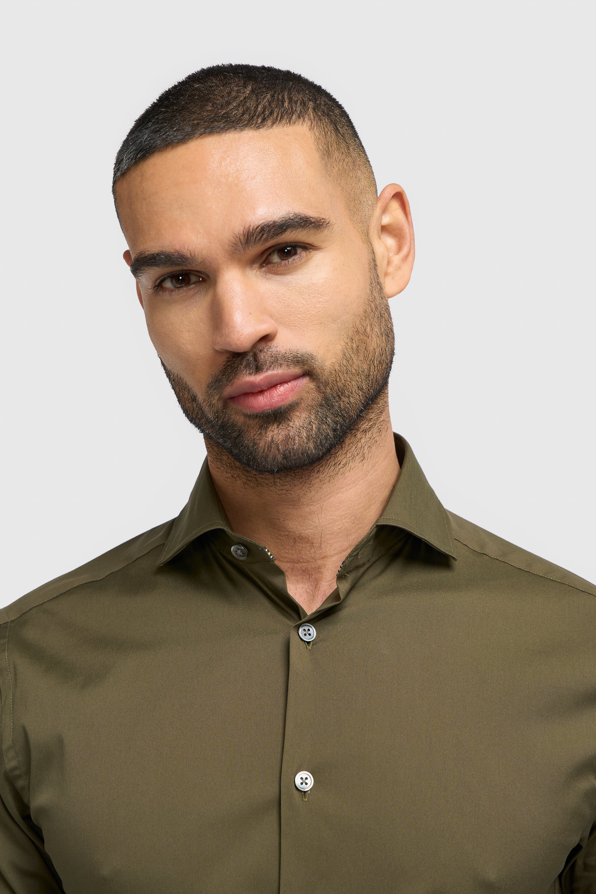 Men's Cotton Blend Slim Fit Dress Shirt - MONACO - Olive Green Detail Picture