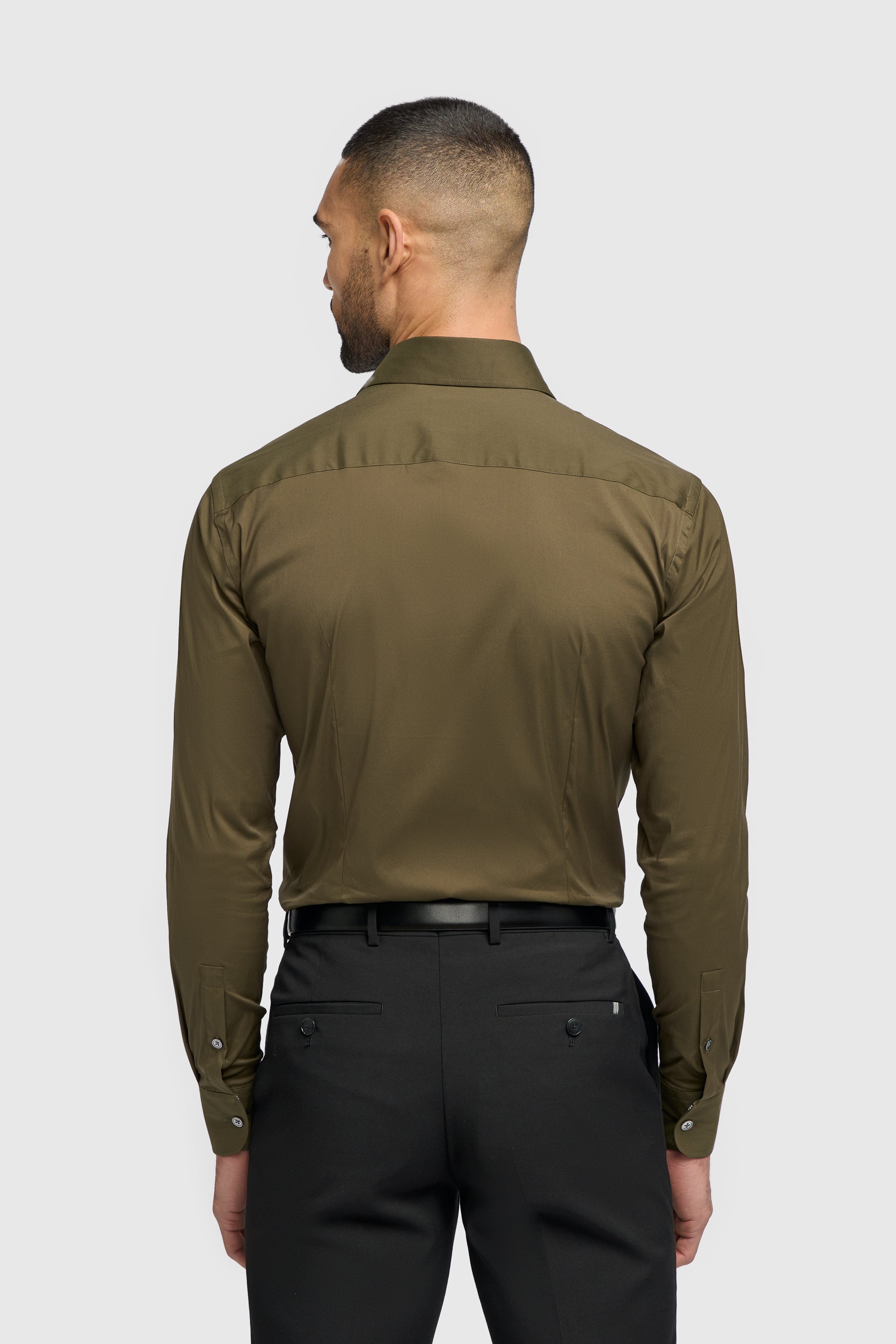 Men's Cotton Blend Slim Fit Dress Shirt - MONACO - Olive Green Back Picture