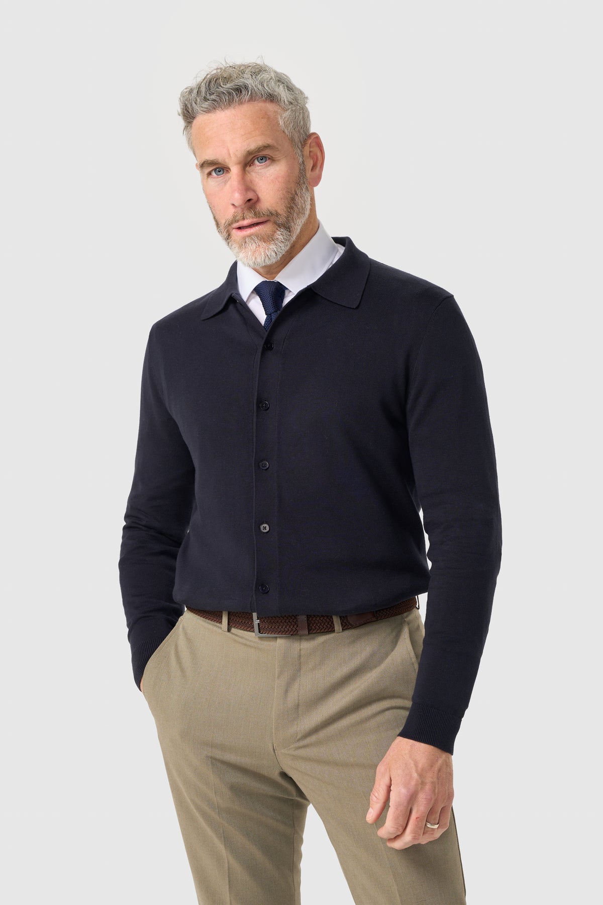 Men's Cotton Collared Button-Up Cardigan – Cavani Roselli Navy Model Picure