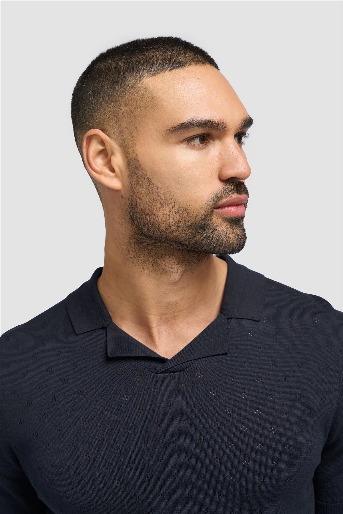 Men’s Cotton Knit Polo Shirt with Johnny Collar - Alfan - Navy