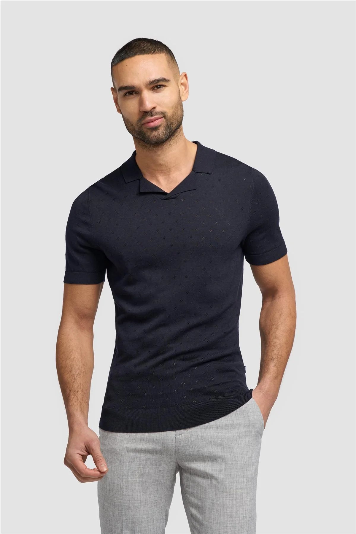 Men’s Cotton Knit Polo Shirt with Johnny Collar - Alfan - Navy