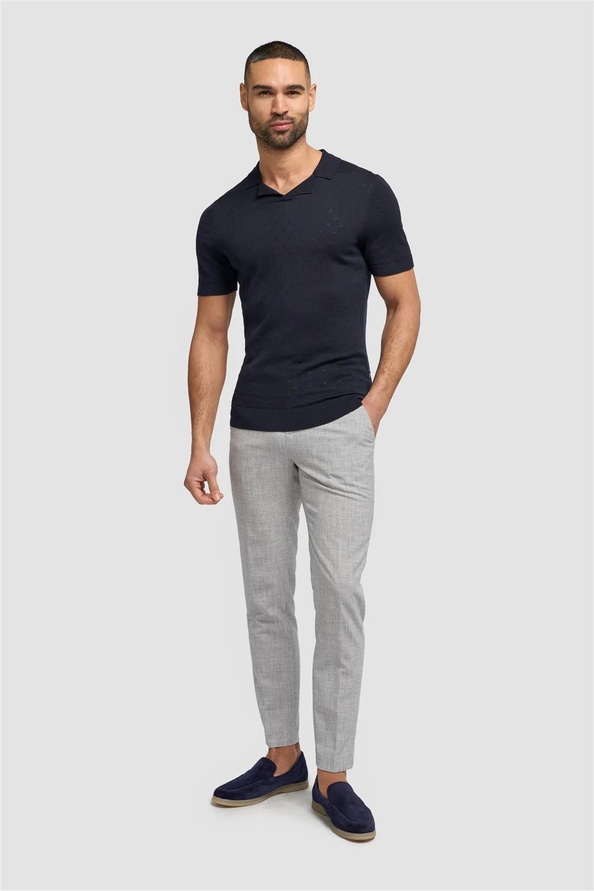 Men’s Cotton Knit Polo Shirt with Johnny Collar - Alfan - Navy
