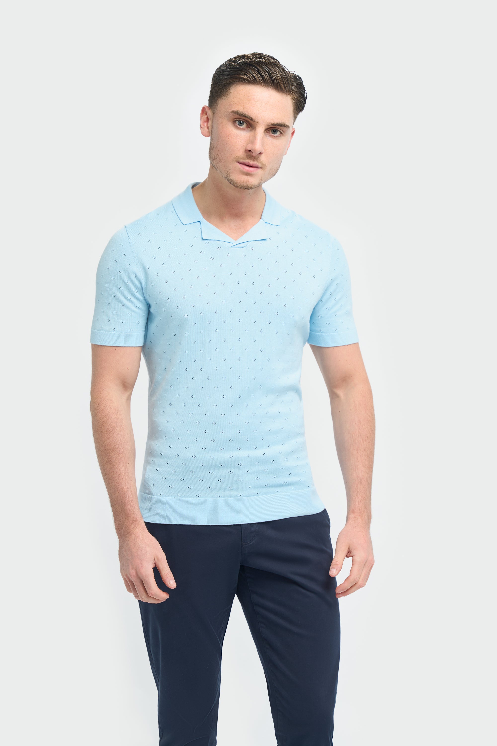 Men’s Cotton Knit Polo T-Shirt with Johnny Collar - Alfan - Sky Blue Model Picture