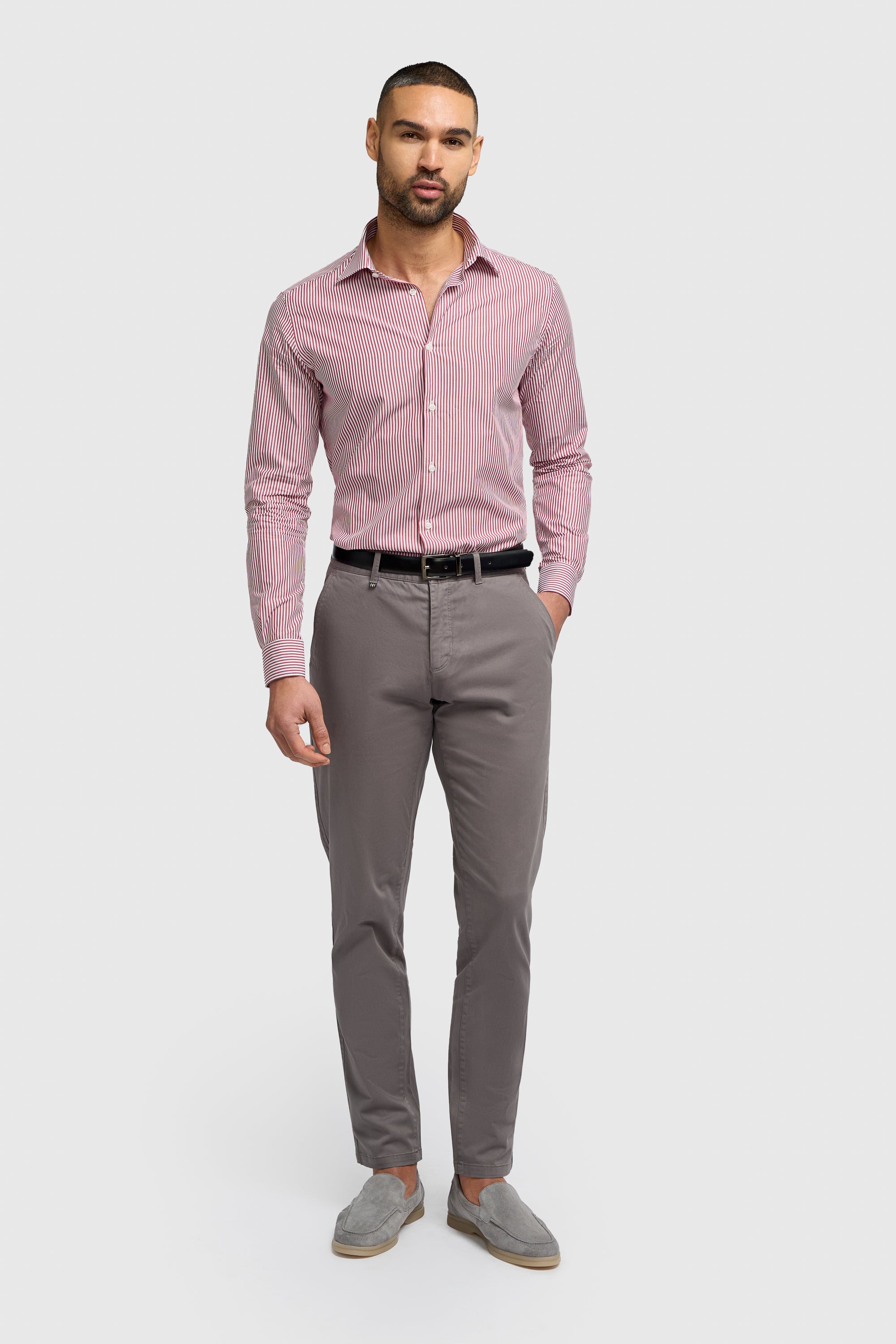 Men’s Cotton Pinstripe Long Sleeve Shirt - Argiro - Red Model Front Picture