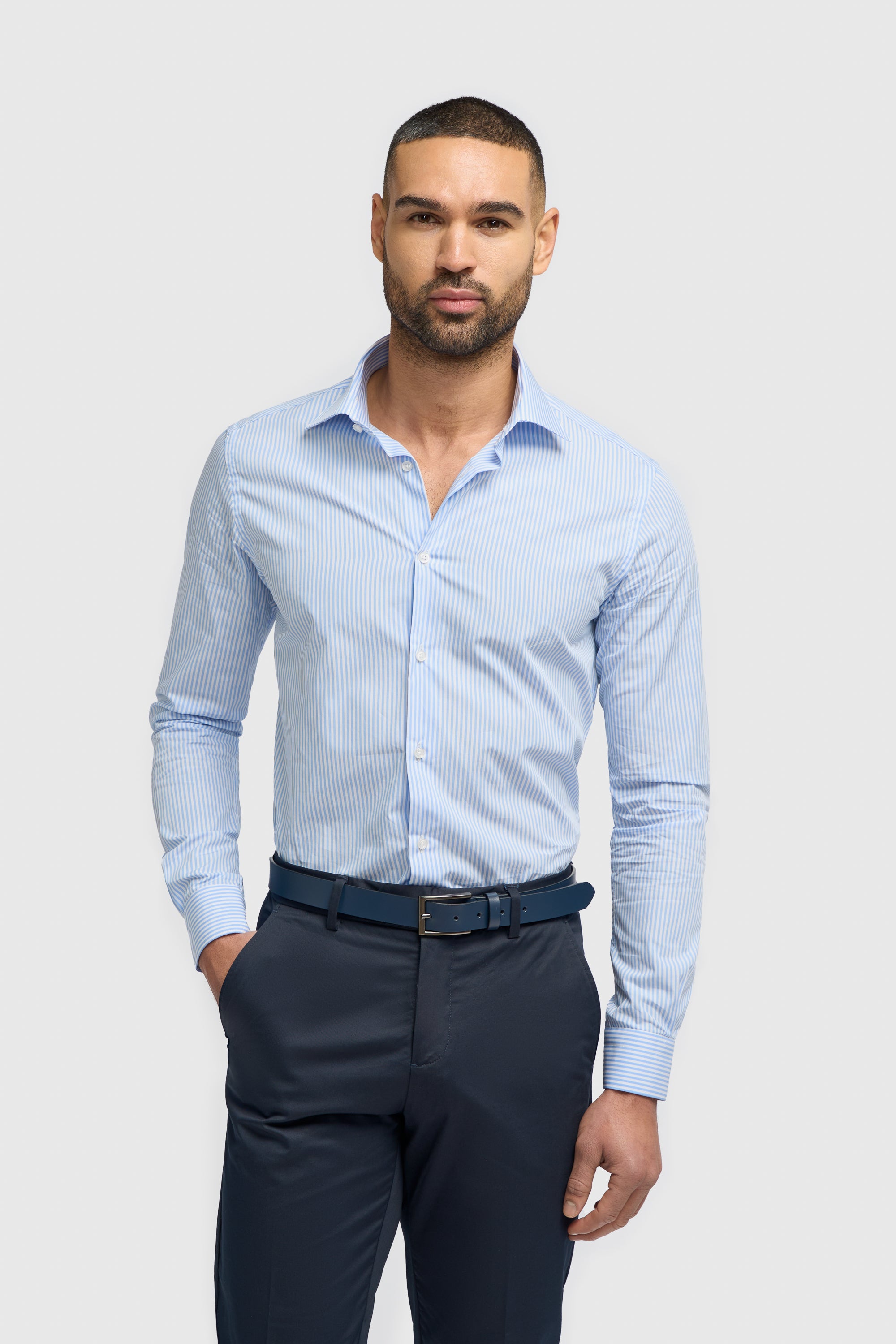 Men’s Cotton Pinstripe Long Sleeve Shirt - Argiro - Sky Blue Model Picture