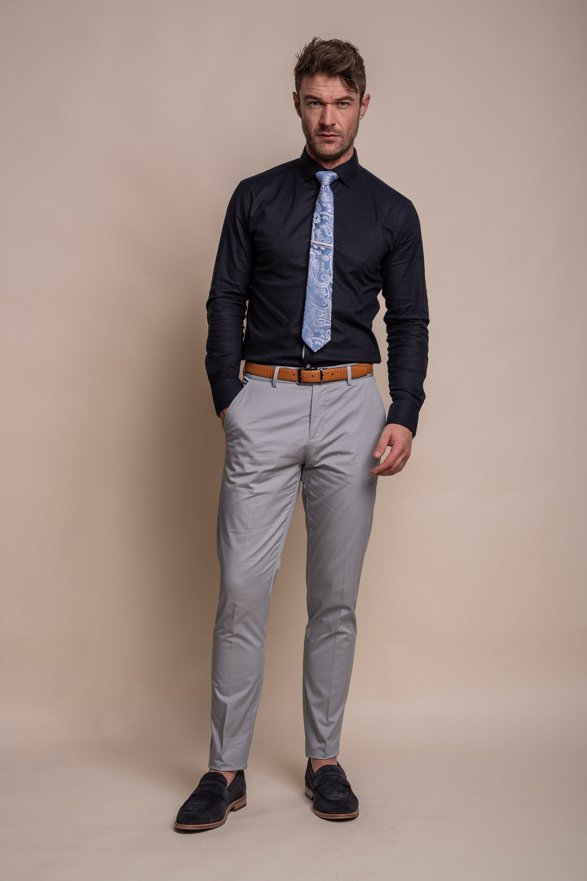 Pantalon formel en coton ajusté pour hommes - MARIO - Bleu Glacé