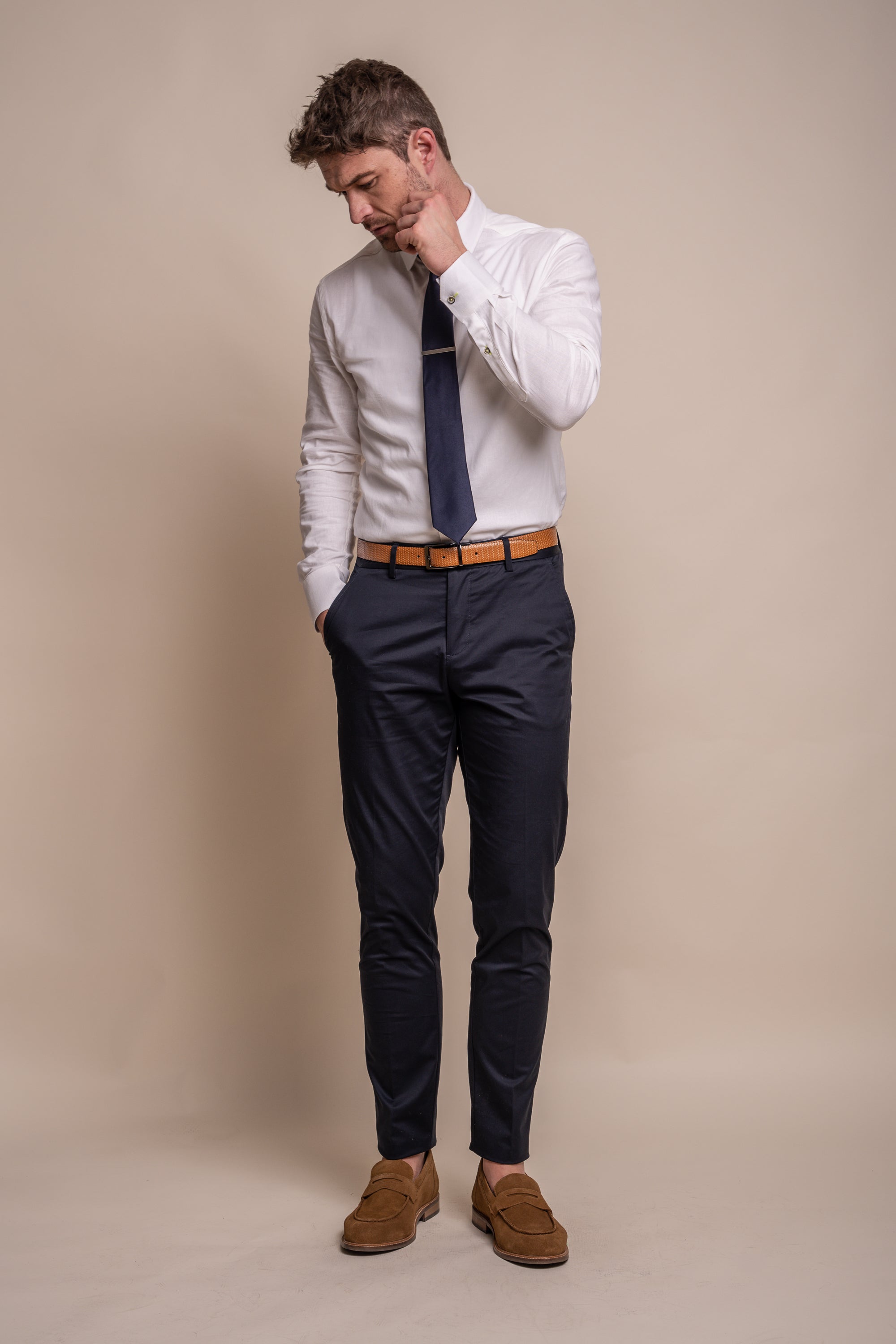 Pantalon formel en coton ajusté pour hommes - MARIO - Bleu Marine
