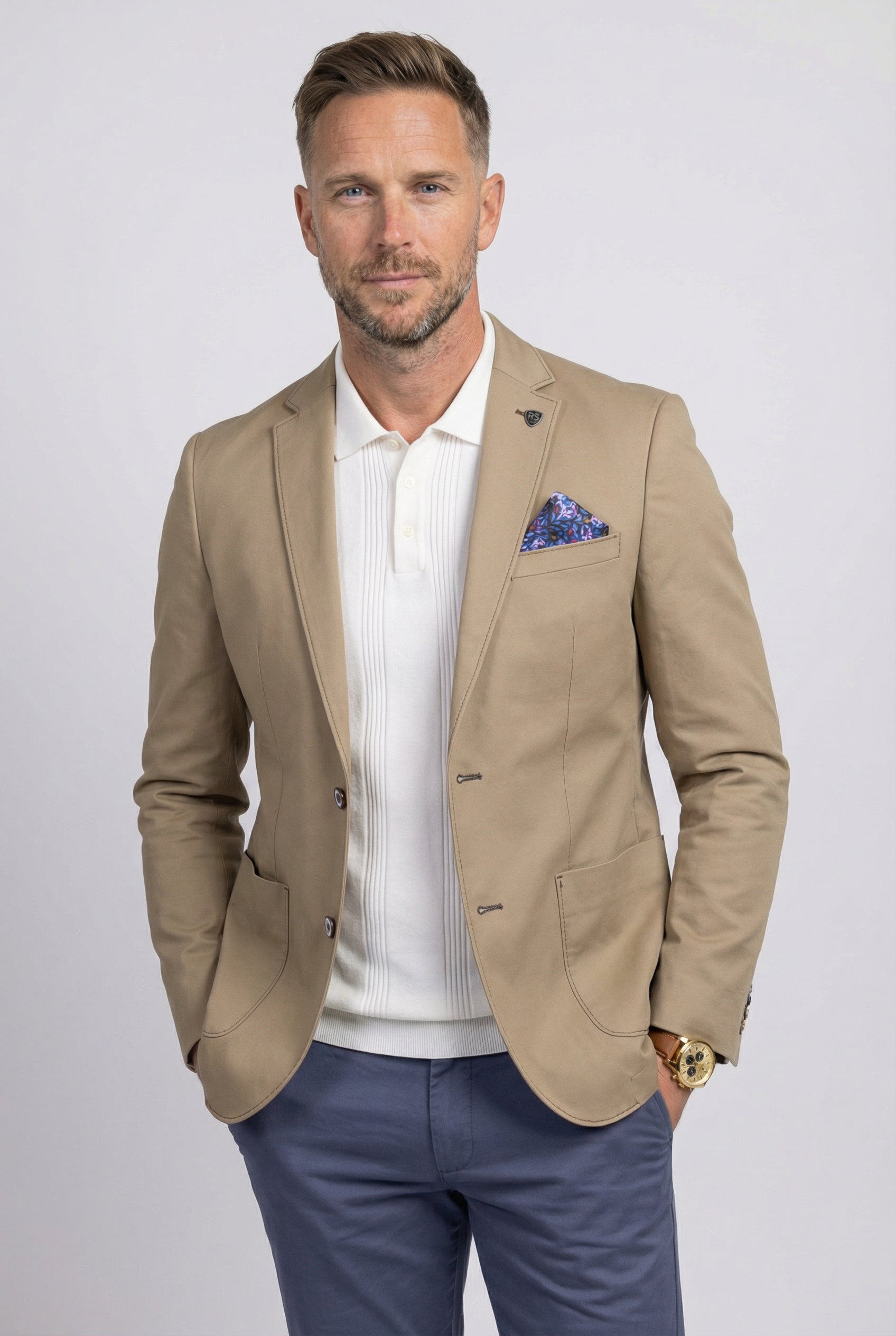 Men’s Cotton Twill Blazer with Patch Pockets - Ethan - Tan Model Picture