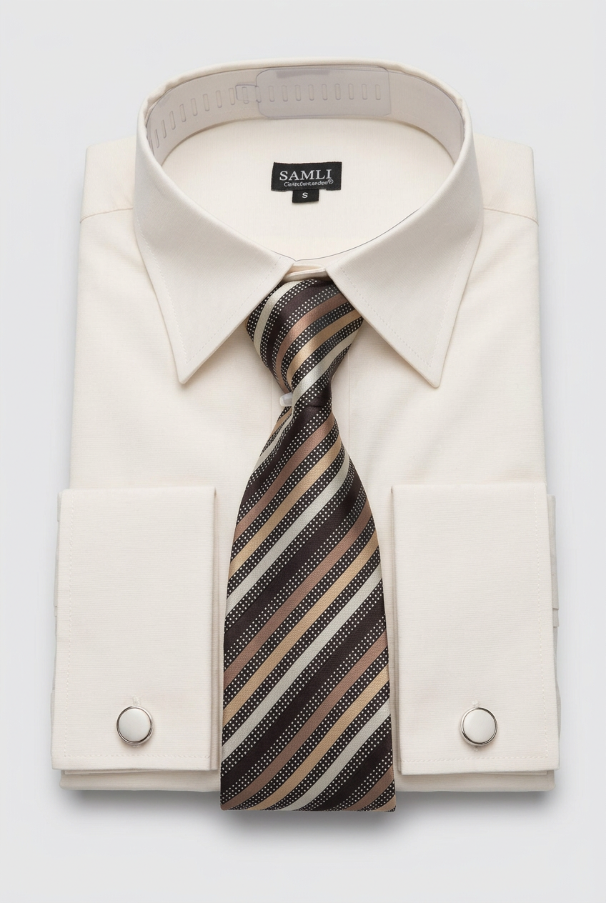 Conjunto de camisa formal crema para hombre con corbata a rayas y gemelos