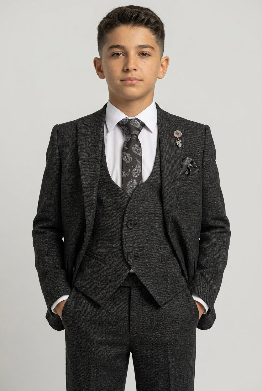 Boys Dark Charcoal Textured 3 Piece Suit