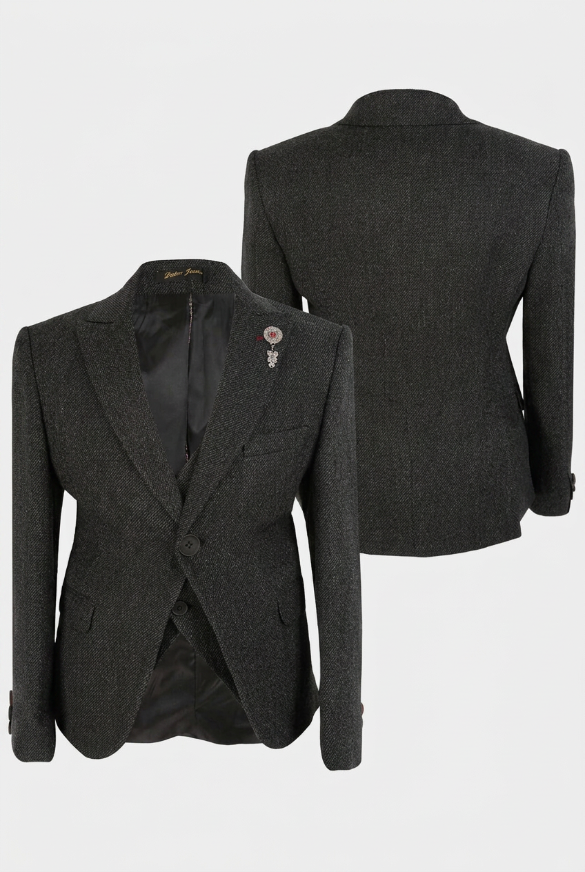 Boys Dark Charcoal Textured 3 Piece Suit