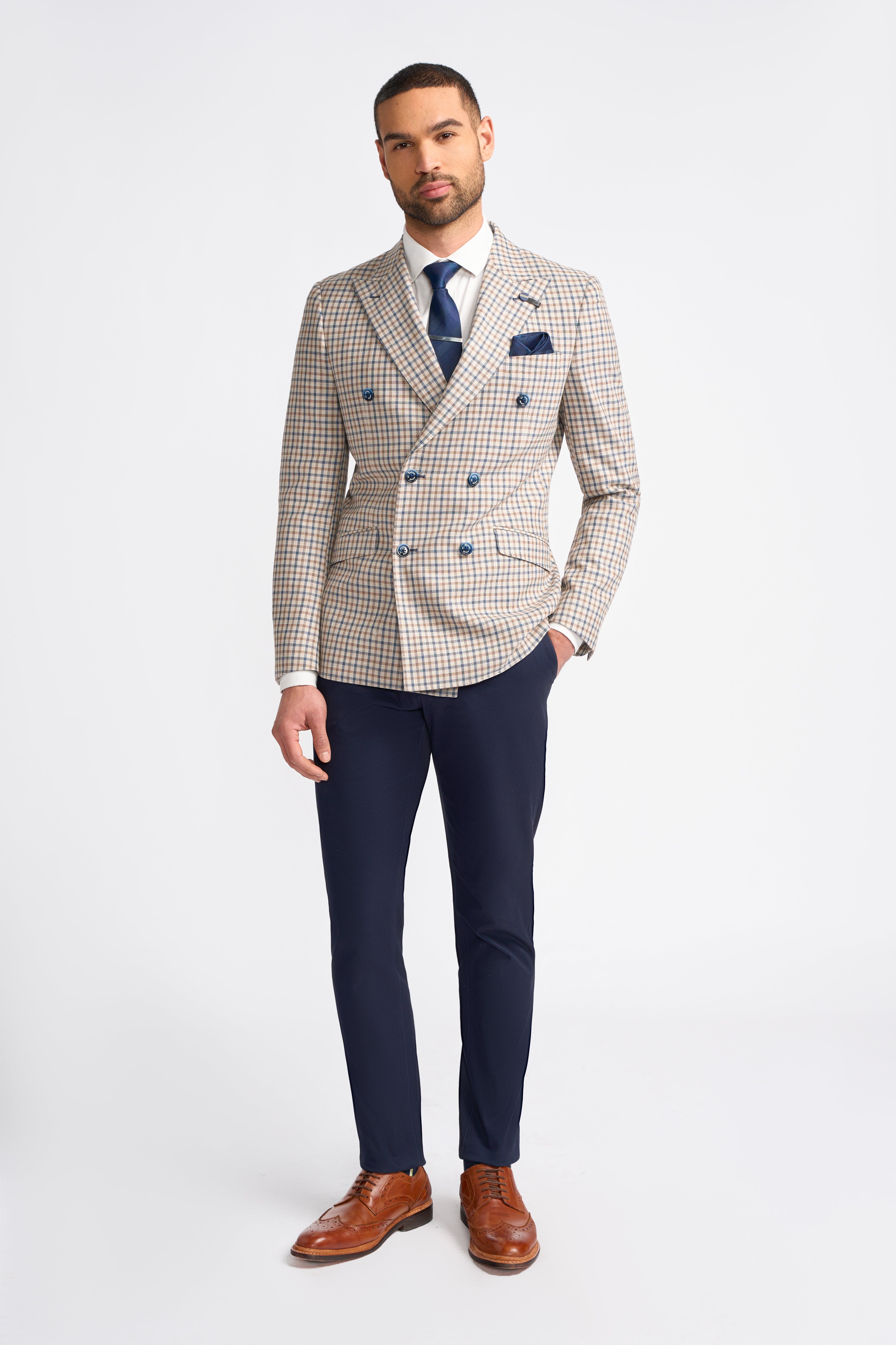 Herren Zweireiher Karomuster Beige Karo Blazer – SERGIO - Beige