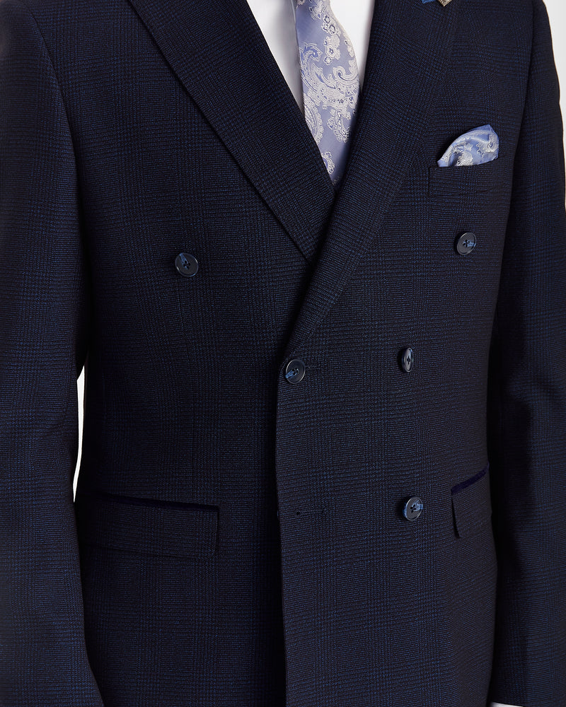 Men’s Double Breasted Glen Check Tweed Suit Jacket - Regent - Navy Detail Picture