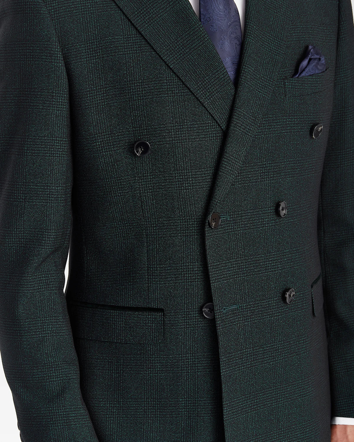 Men’s Double Breasted Glen Check Tweed Suit Jacket - Regent - Olive Green Detail Picture