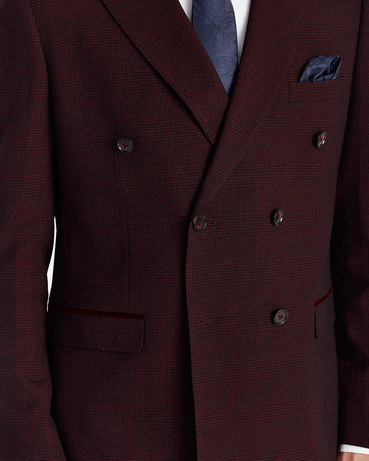Men’s Double Breasted Glen Check Tweed Suit Jacket - Regent - Wine Burgundy Detail Picture