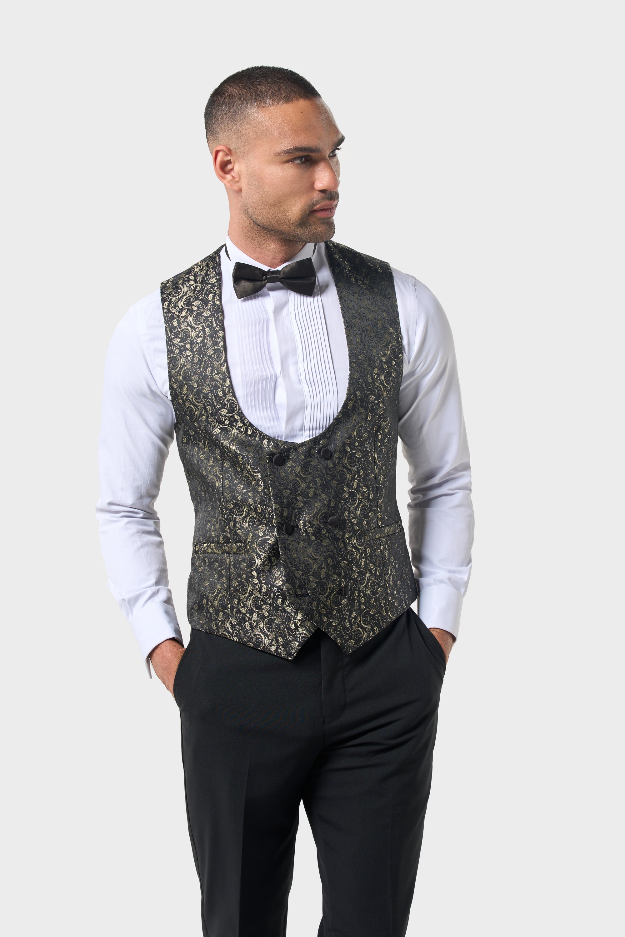 Men’s Double Breasted Paisley Jacquard Waistcoat - Style Toros Gold Model Picture