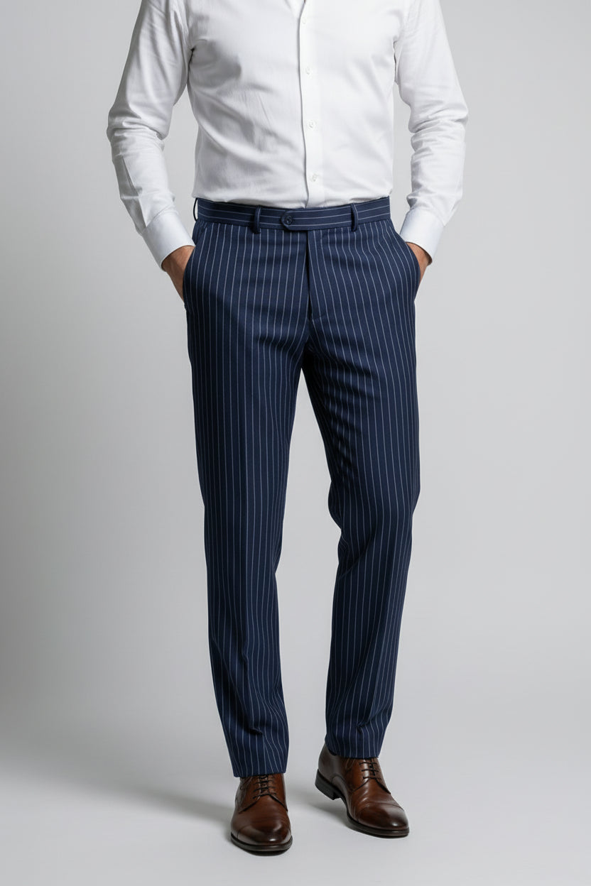 Men’s Double Breasted Pinstripe Suit Trousers - EVAN NAVY