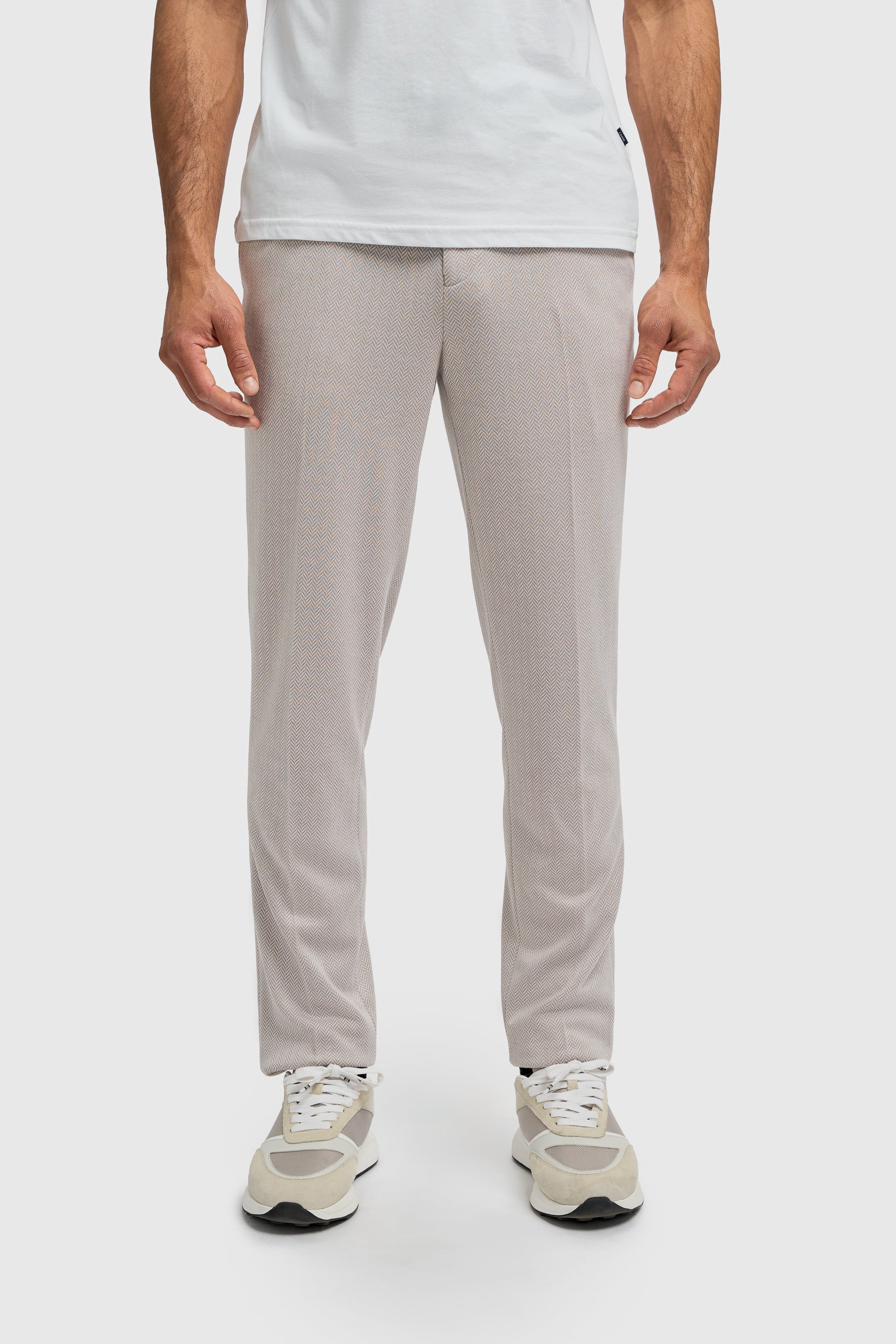 Men’s Herringbone Casual Trousers - Vasco - Beige Front Picture
