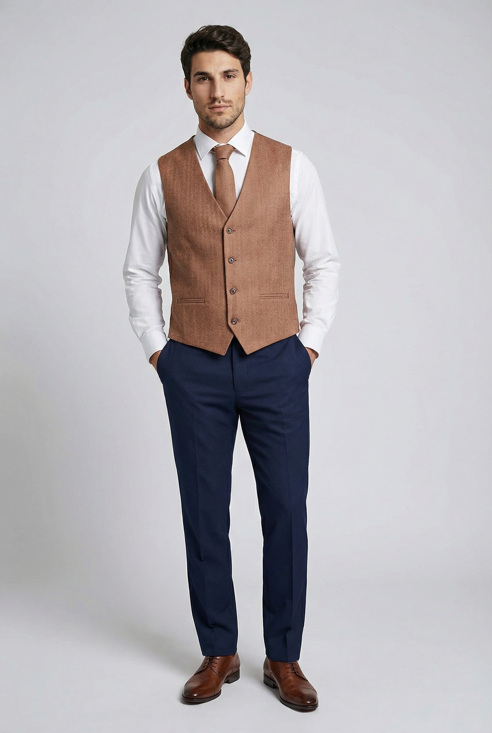 Men’s Herringbone Waistcoat Set - Cinnamon Brown Model Picture