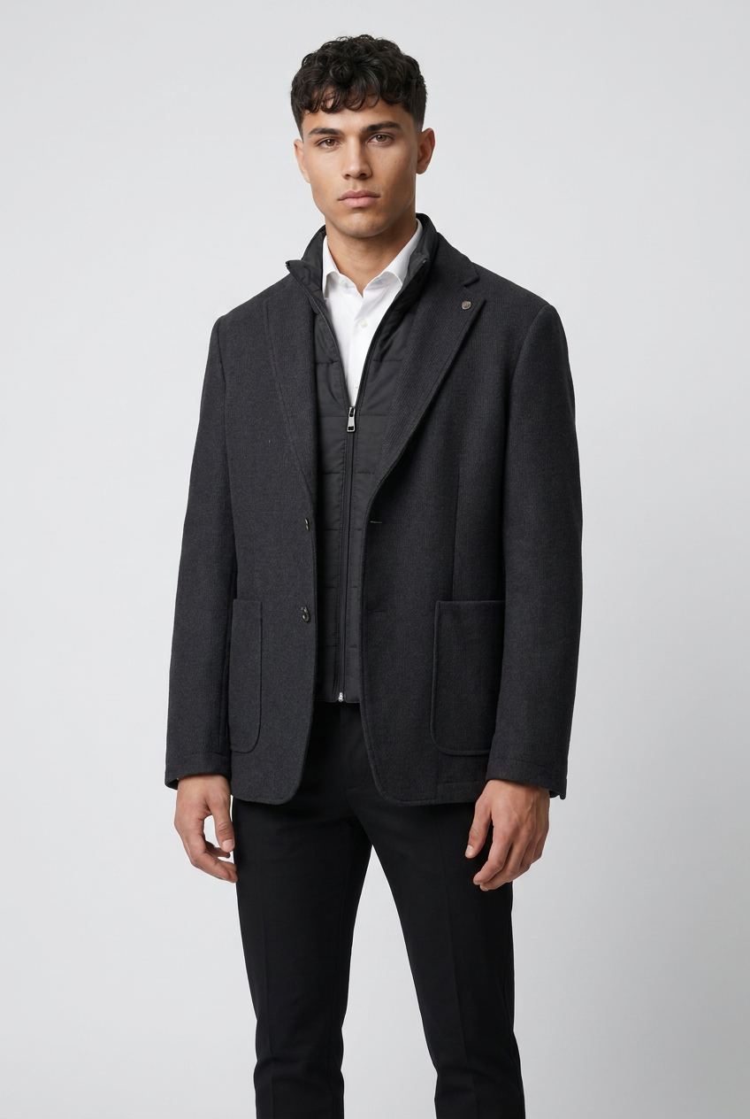 Blazer ibrido da uomo in maglia con bavero trapuntato - Nero
