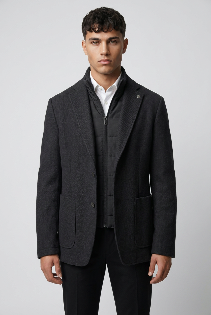 Blazer ibrido da uomo in maglia con bavero trapuntato - Nero