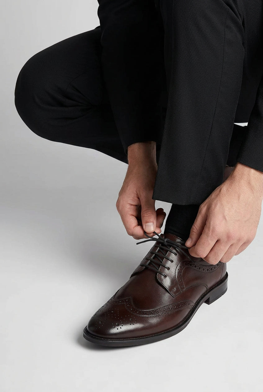 Men’s Leather Wingtip Brogue Derby Dress Shoes - Cambridge - Brown Model Picture