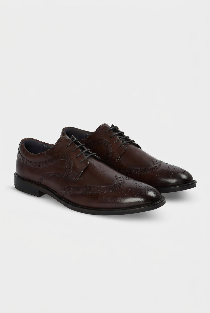 Men’s Leather Wingtip Brogue Derby Dress Shoes - Cambridge - Brown Pair Side Picture