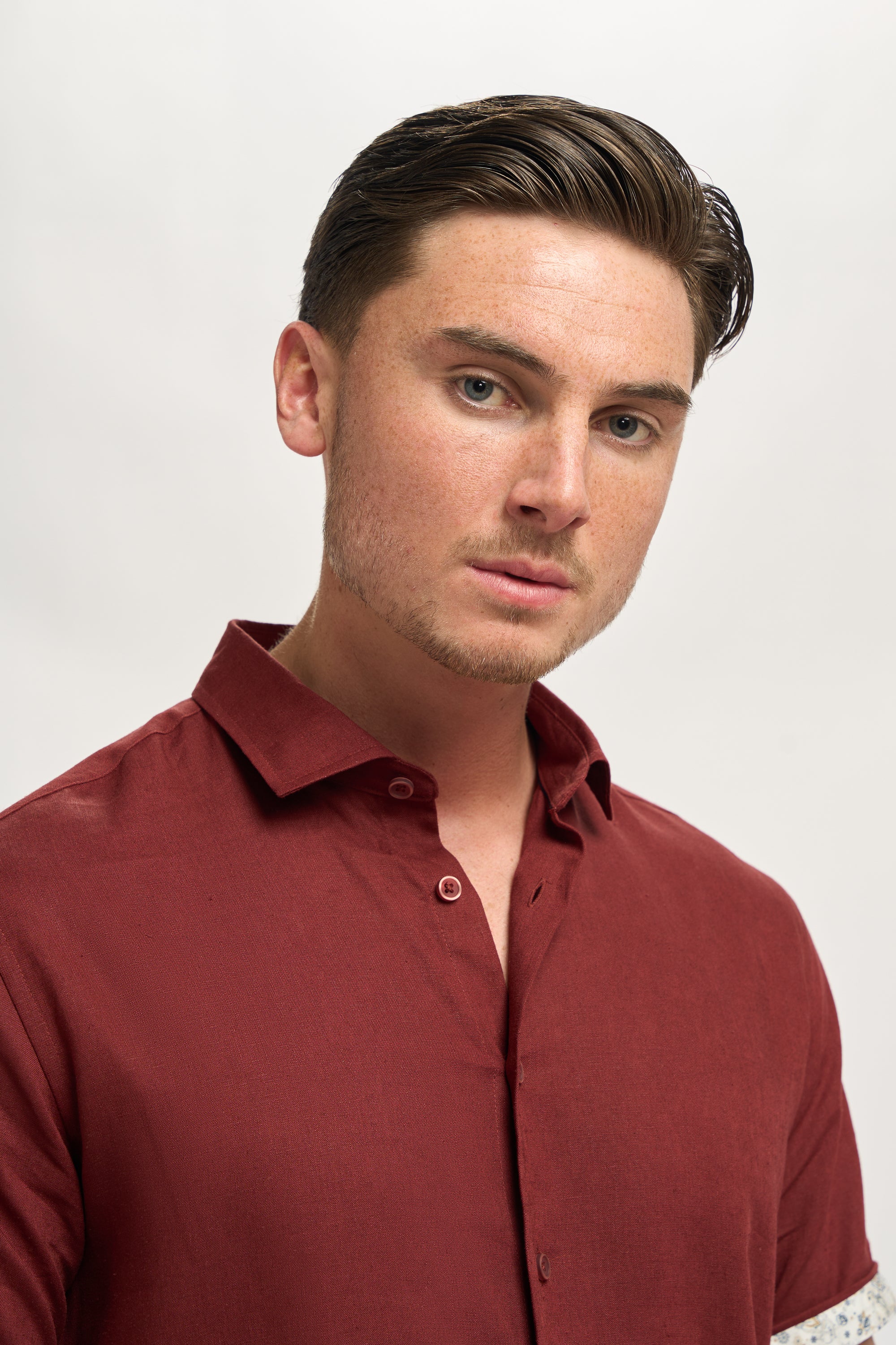 Men’s Linen Blend Short Sleeve Shirt with Cuff Trim - Matera - Rust