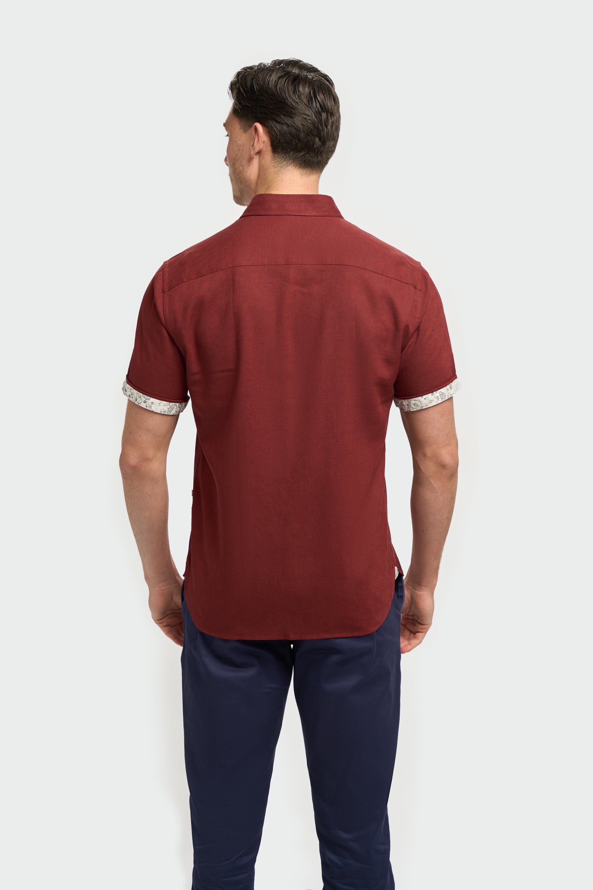 Men’s Linen Blend Short Sleeve Shirt with Cuff Trim - Matera - Rust Back Picture