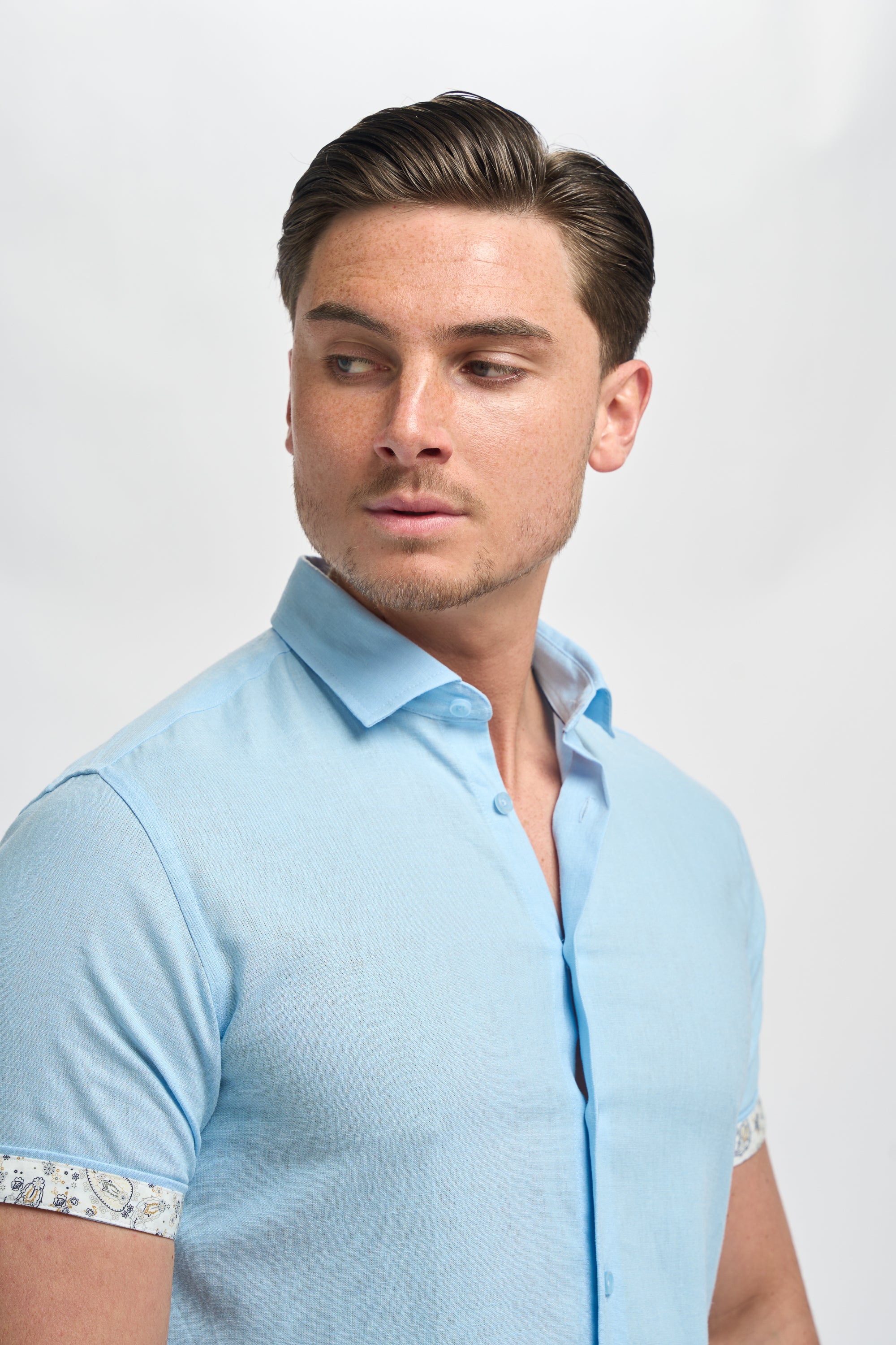Men’s Linen Blend Short Sleeve Shirt with Cuff Trim - Matera - Sky Blue