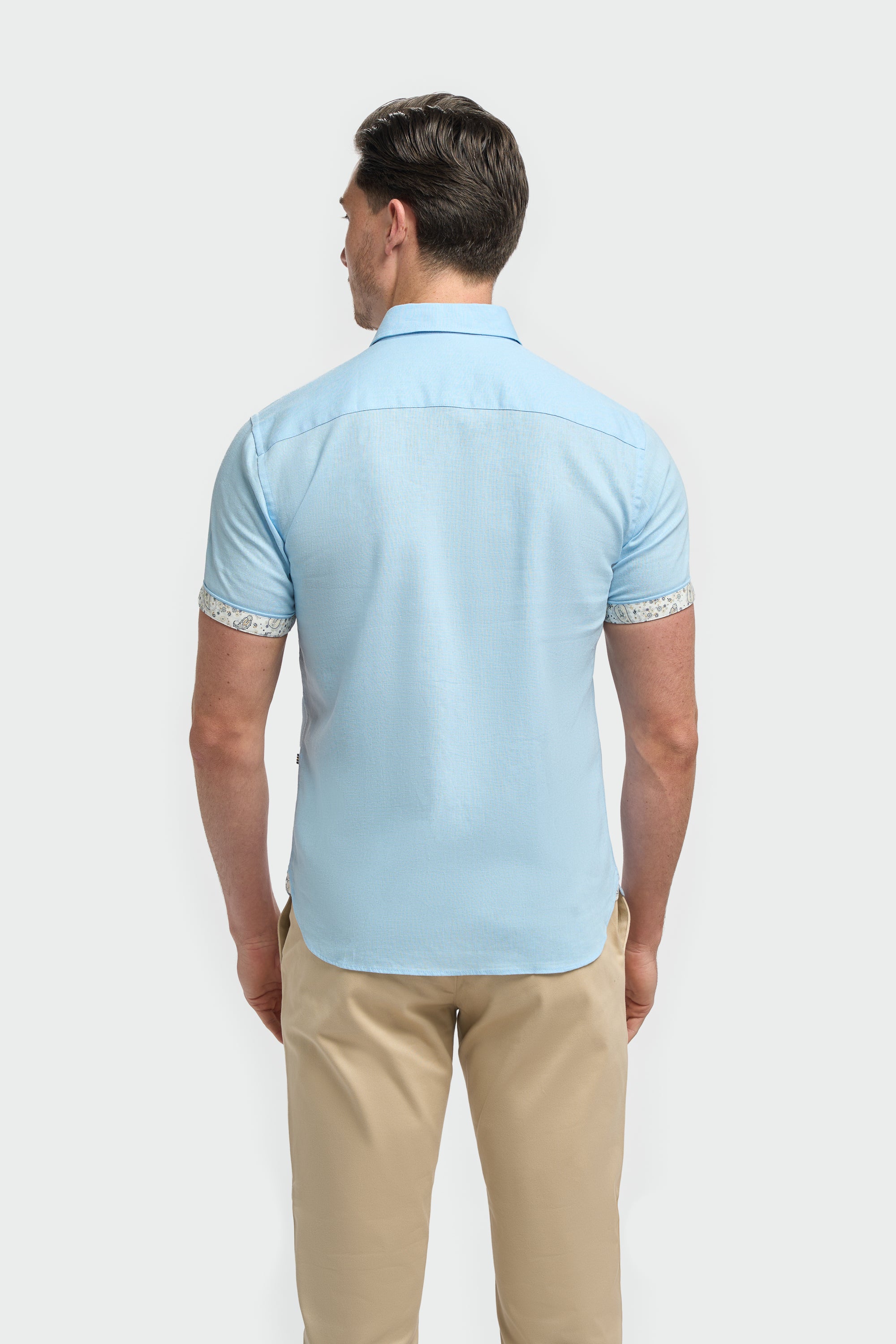 Men’s Linen Blend Short Sleeve Shirt with Cuff Trim - Matera - Sky Blue Back Picture
